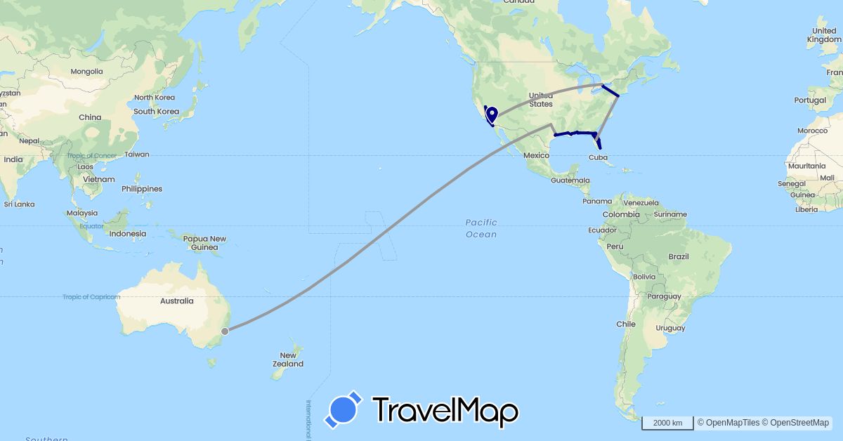 TravelMap itinerary: driving, plane in Australia, Canada, Mexico, United States (North America, Oceania)
